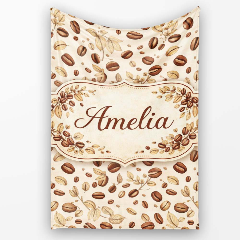 Hand Drawn Coffee Beans and Leaves Seamless Pattern Cute Unique Gift  Personalised Custom Name Super Soft Fleece Blanket Bed Sofa Throw