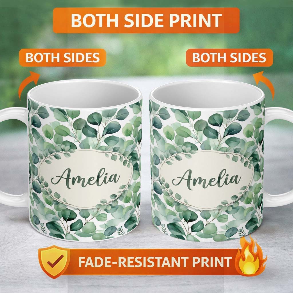 Personalized Custom Name Green Eucalyptus Branches Natural Botanical Seamless Pattern Name 11oz Ceramic Coffee Tea Mug White Large Handle