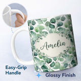 Personalized Custom Name Green Eucalyptus Branches Natural Botanical Seamless Pattern Name 11oz Ceramic Coffee Tea Mug White Large Handle
