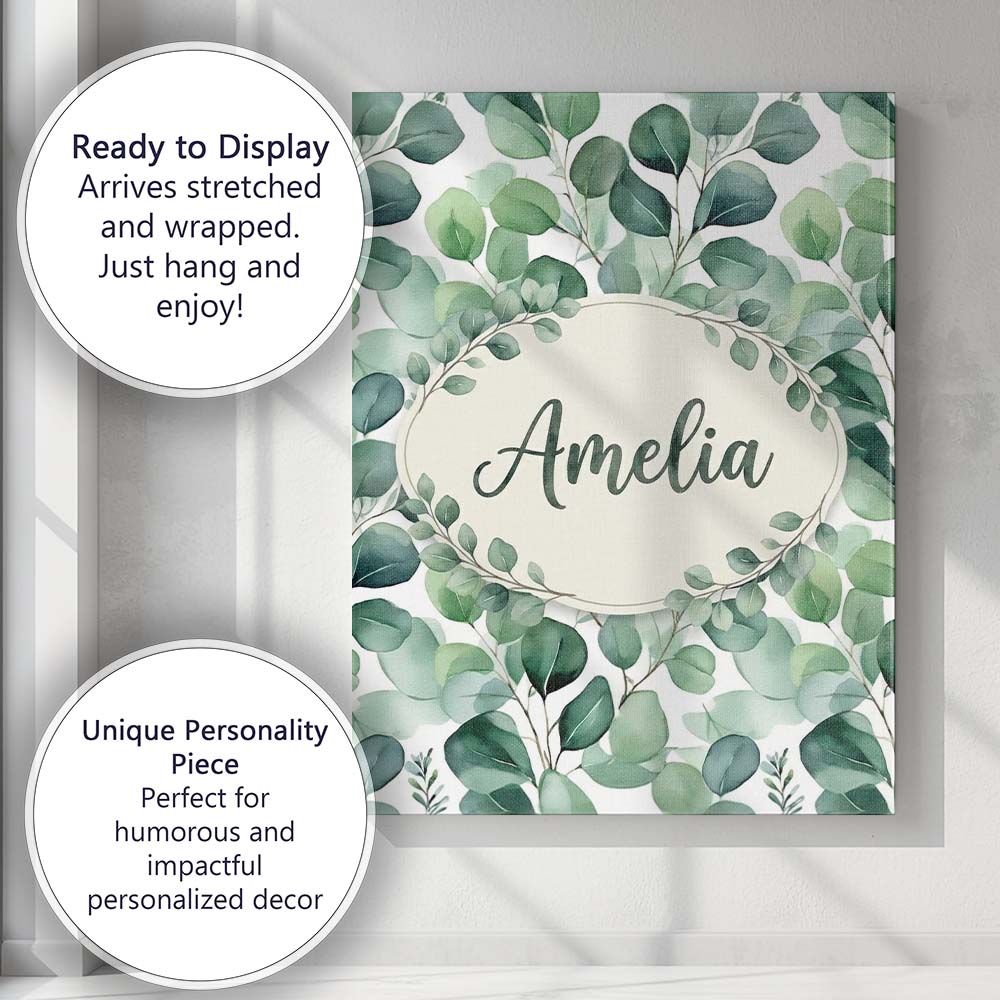 Personalised Name Green Eucalyptus Branches Custom  Bespoke Interior Contemporary Canvas Wall Art Print Decor Picture Ready to Hang
