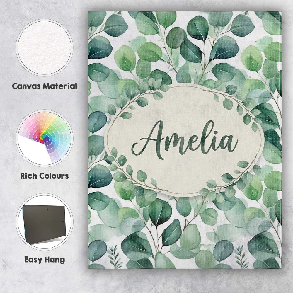 Personalised Name Green Eucalyptus Branches Custom  Bespoke Interior Contemporary Canvas Wall Art Print Decor Picture Ready to Hang