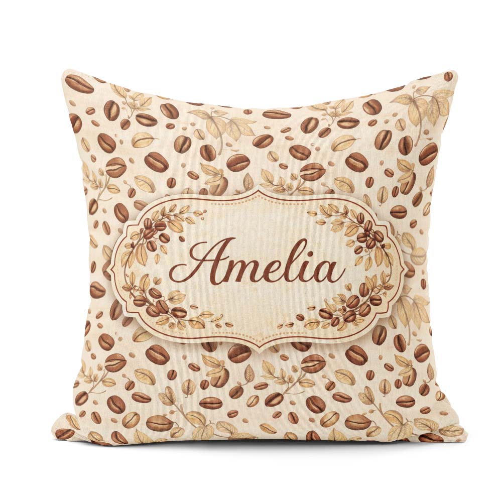 Custom Name Hand Drawn Beans and Leaves Seamless Pattern Cute Square Filled Cushion Throw Pillow Sofa Bed Home Decor Zip Washable UK Made