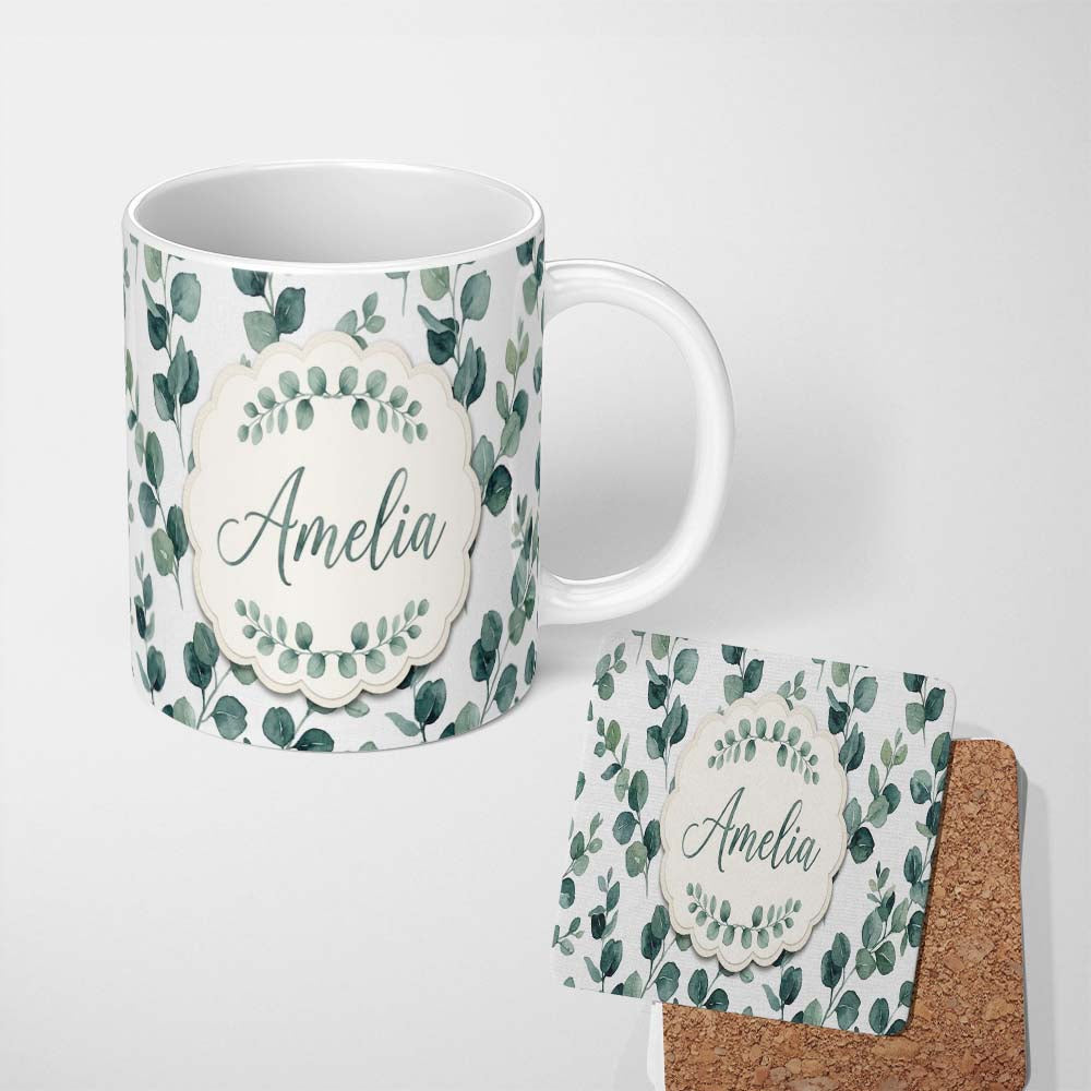 Personalized Custom Name Fresh Green Leaf Sprigs Minimal Botanical Seamless Pattern Name Cute 11oz Ceramic Coffee Tea Mug White Large Handle