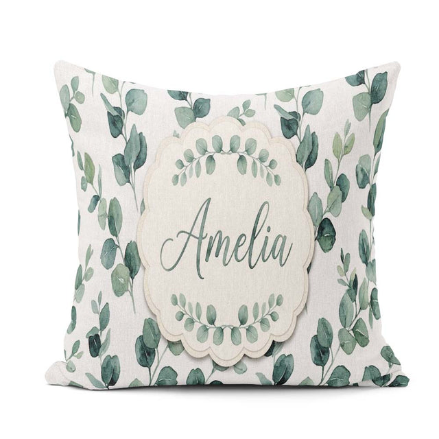 Custom Name Fresh Green Leaf Sprigs Botanical Seamless Name Cute Square Filled Cushion Throw Pillow Sofa Bed Home Decor Zip Washable UK Made