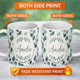 Personalized Custom Name Fresh Green Leaf Sprigs Minimal Botanical Seamless Pattern Name Cute 11oz Ceramic Coffee Tea Mug White Large Handle