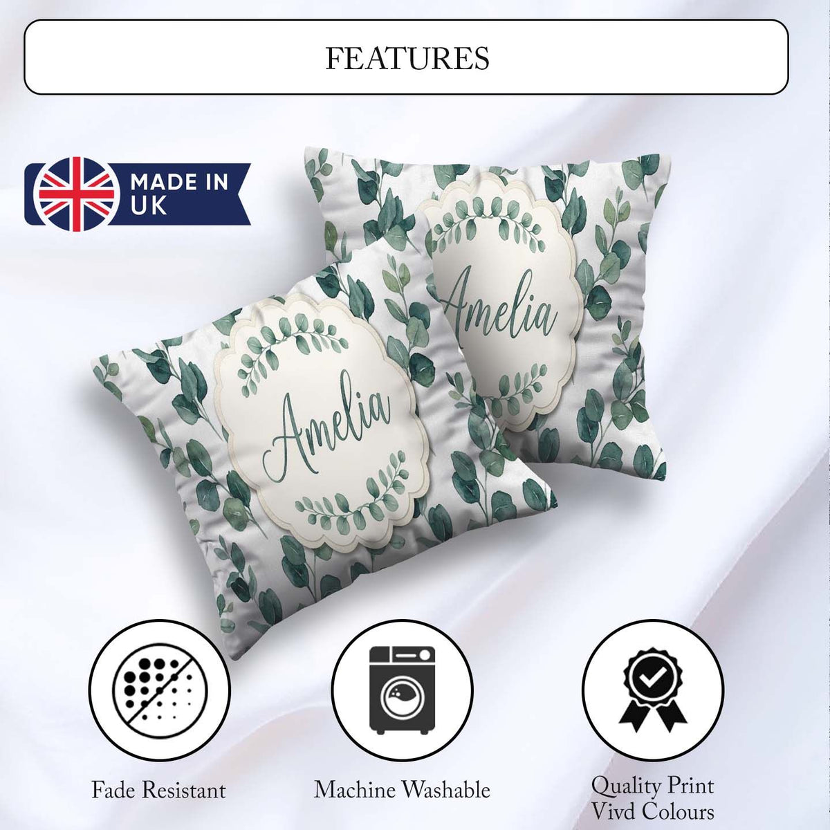 Custom Name Fresh Green Leaf Sprigs Botanical Seamless Name Cute Square Filled Cushion Throw Pillow Sofa Bed Home Decor Zip Washable UK Made