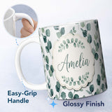 Personalized Custom Name Fresh Green Leaf Sprigs Minimal Botanical Seamless Pattern Name Cute 11oz Ceramic Coffee Tea Mug White Large Handle