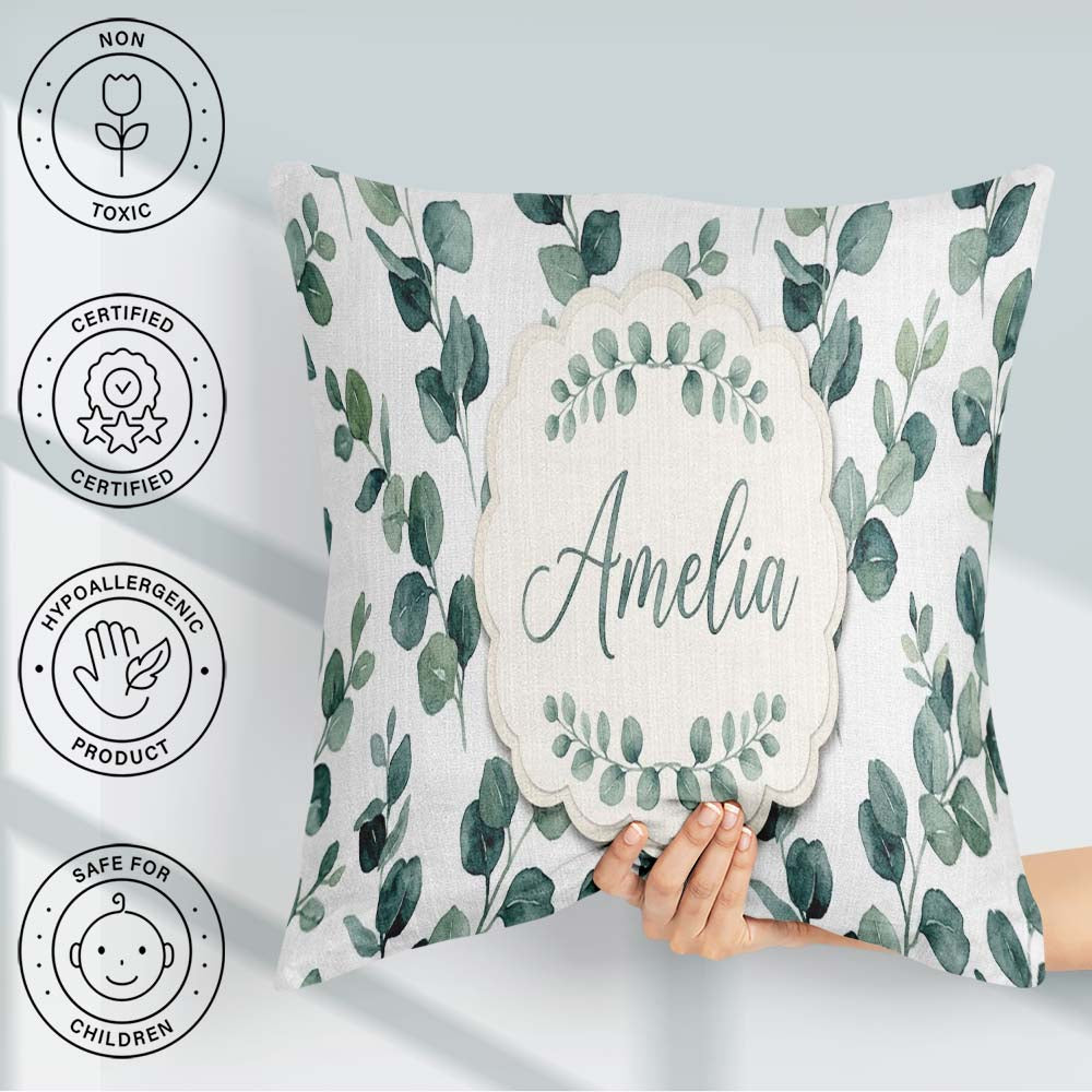 Custom Name Fresh Green Leaf Sprigs Botanical Seamless Name Cute Square Filled Cushion Throw Pillow Sofa Bed Home Decor Zip Washable UK Made
