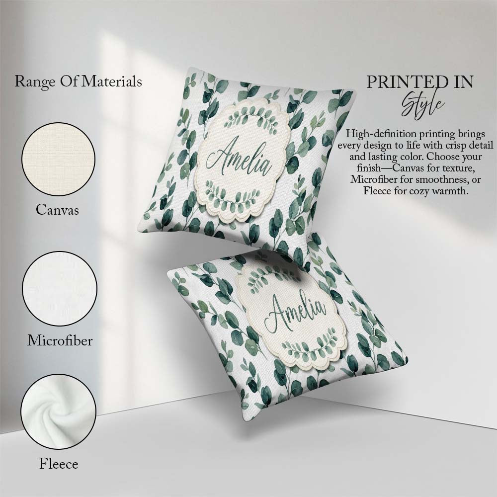 Custom Name Fresh Green Leaf Sprigs Botanical Seamless Name Cute Square Filled Cushion Throw Pillow Sofa Bed Home Decor Zip Washable UK Made