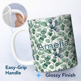 Personalized Custom Name Blue Green Eucalyptus Leaves Elegant Seamless Pattern Name Cute 11oz Ceramic Coffee Tea Mug White Large Handle