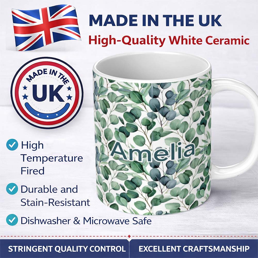 Personalized Custom Name Blue Green Eucalyptus Leaves Elegant Seamless Pattern Name Cute 11oz Ceramic Coffee Tea Mug White Large Handle