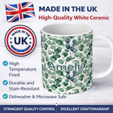 Personalized Custom Name Blue Green Eucalyptus Leaves Elegant Seamless Pattern Name Cute 11oz Ceramic Coffee Tea Mug White Large Handle