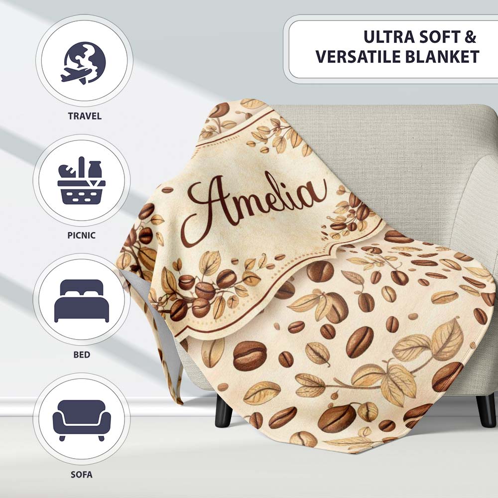 Hand Drawn Coffee Beans and Leaves Seamless Pattern Cute Unique Gift  Personalised Custom Name Super Soft Fleece Blanket Bed Sofa Throw
