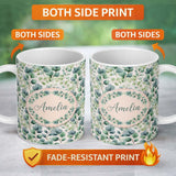 Personalized Custom Name Light Green Eucalyptus Foliage Soft Botanical Seamless Pattern Name 11oz Ceramic Coffee Tea Mug White Large Handle