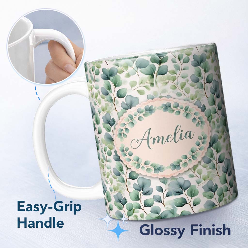 Personalized Custom Name Light Green Eucalyptus Foliage Soft Botanical Seamless Pattern Name 11oz Ceramic Coffee Tea Mug White Large Handle