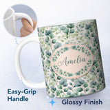 Personalized Custom Name Light Green Eucalyptus Foliage Soft Botanical Seamless Pattern Name 11oz Ceramic Coffee Tea Mug White Large Handle