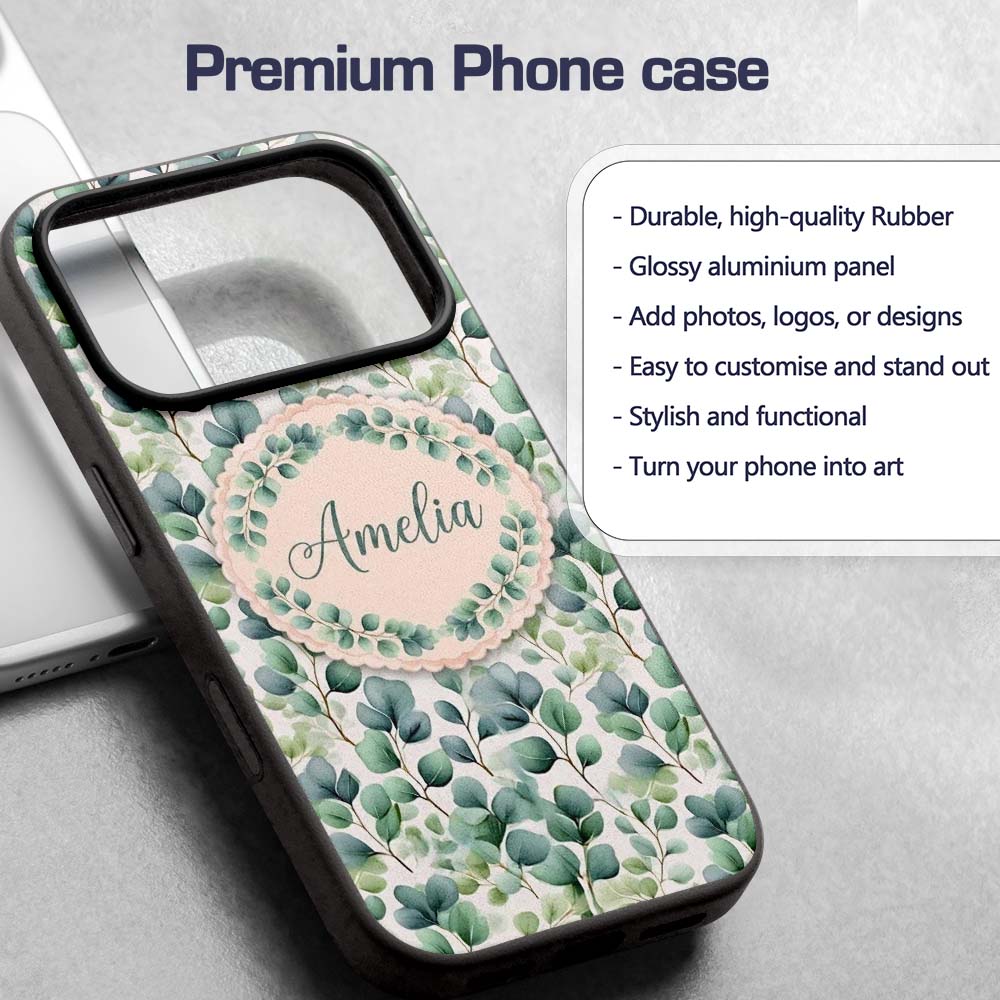 Light Green Eucalyptus Foliage Soft Botanical Custom Name Protective Phone Case Mobile Cover Durable Everyday Smartphone Shock Resistant