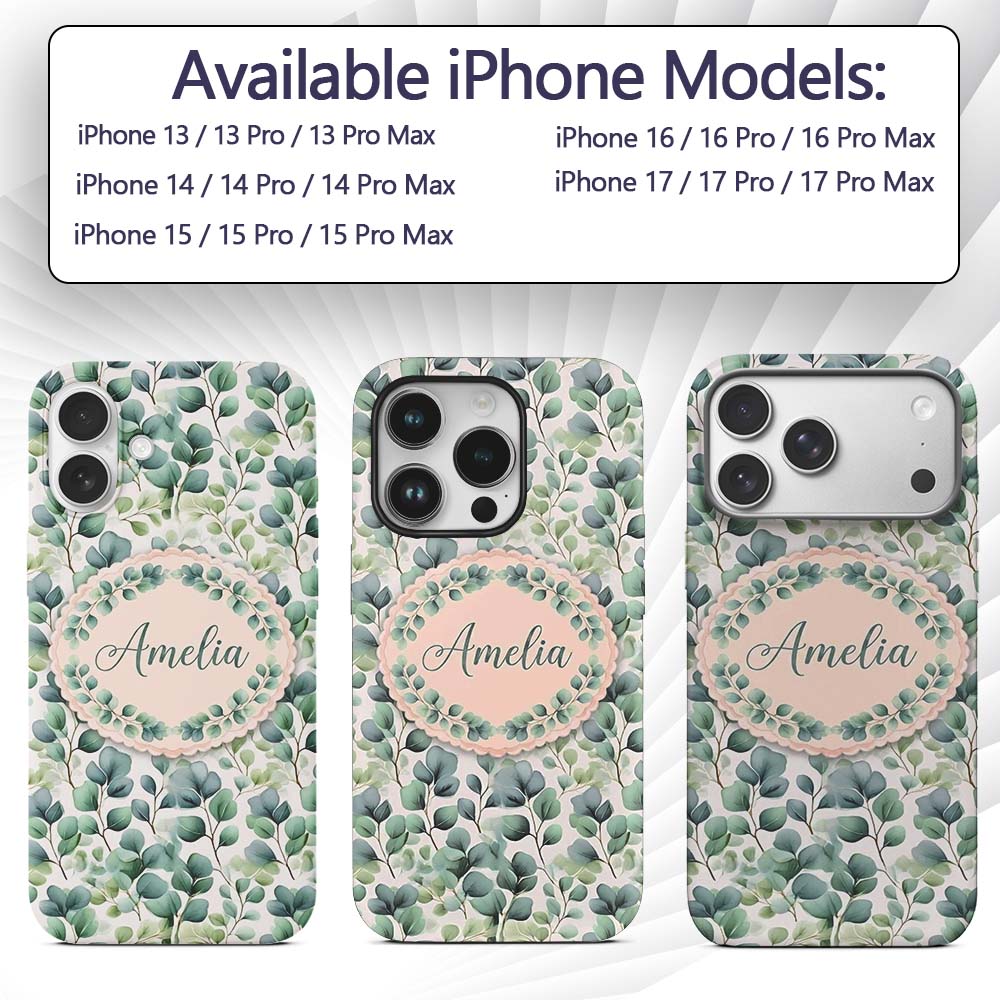 Light Green Eucalyptus Foliage Soft Botanical Custom Name Protective Phone Case Mobile Cover Durable Everyday Smartphone Shock Resistant