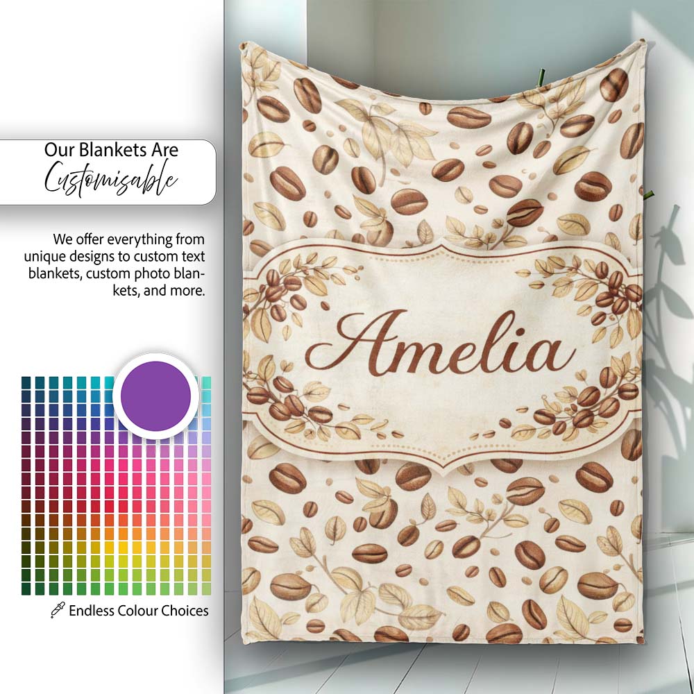 Hand Drawn Coffee Beans and Leaves Seamless Pattern Cute Unique Gift  Personalised Custom Name Super Soft Fleece Blanket Bed Sofa Throw