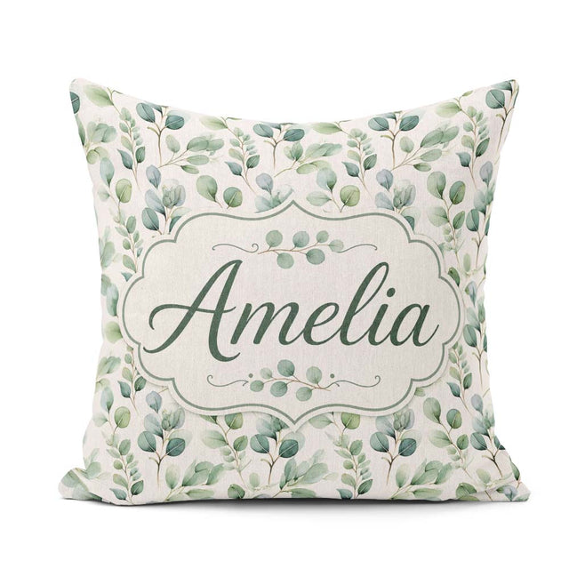 Custom Name Soft Eucalyptus Leaves Watercolor Botanical Seamless Square Filled Cushion Throw Pillow Sofa Bed Home Decor Zip Washable UK Made