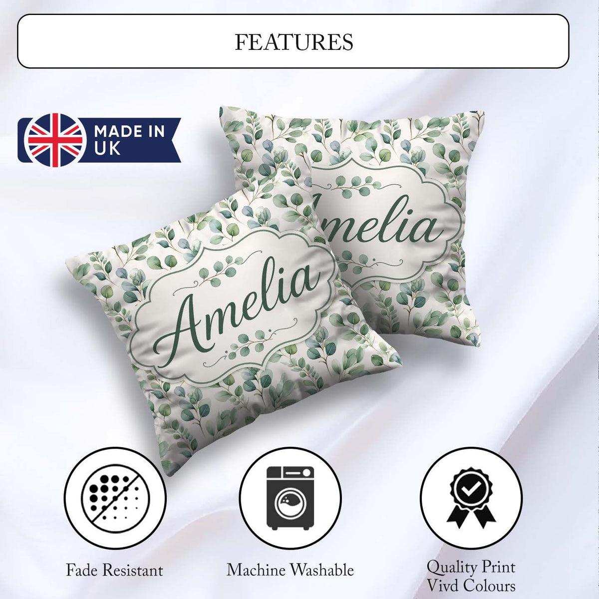 Custom Name Soft Eucalyptus Leaves Watercolor Botanical Seamless Square Filled Cushion Throw Pillow Sofa Bed Home Decor Zip Washable UK Made