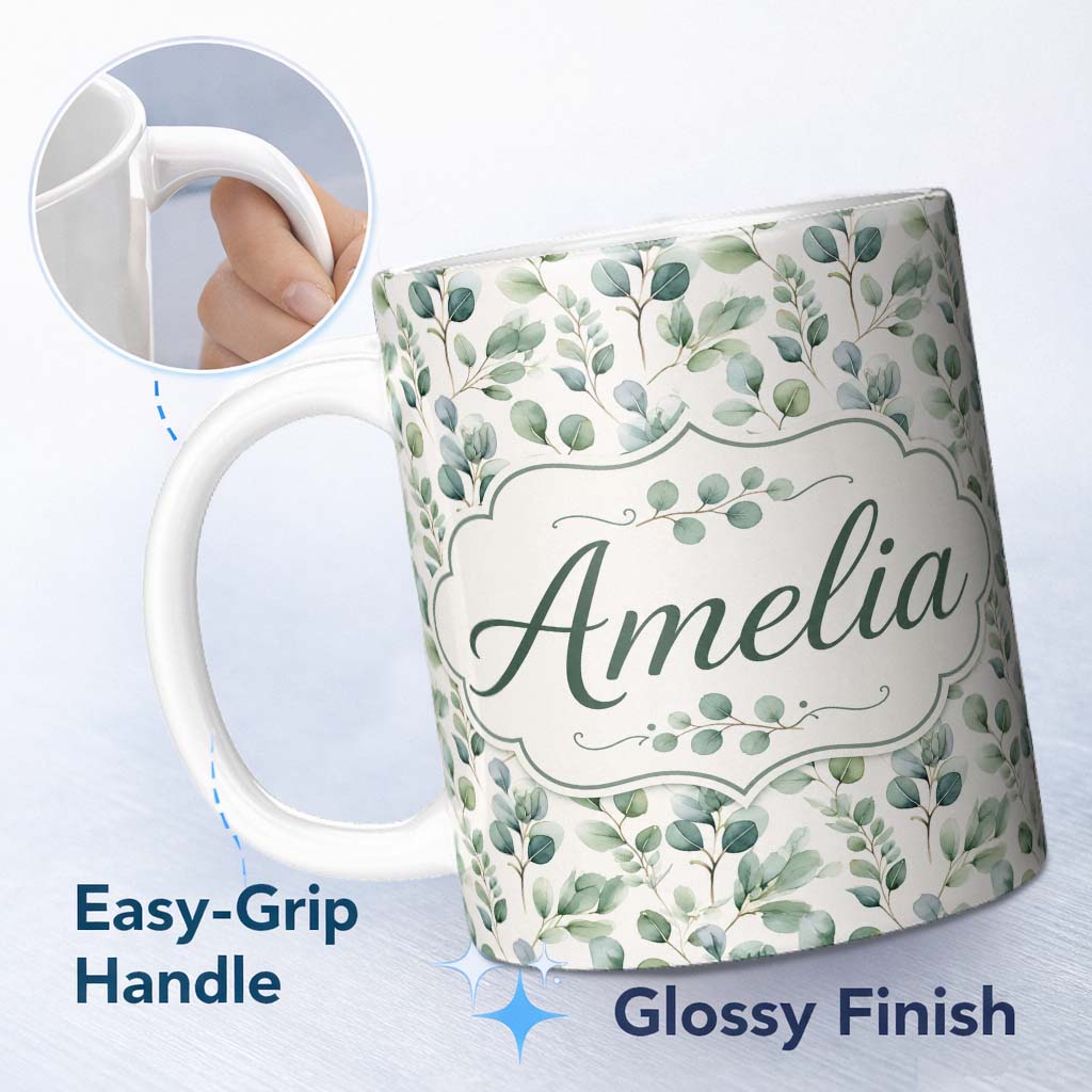 Personalized Custom Name Soft Green Eucalyptus Leaves Watercolor Botanical Seamless Pattern 11oz Ceramic Coffee Tea Mug White Large Handle