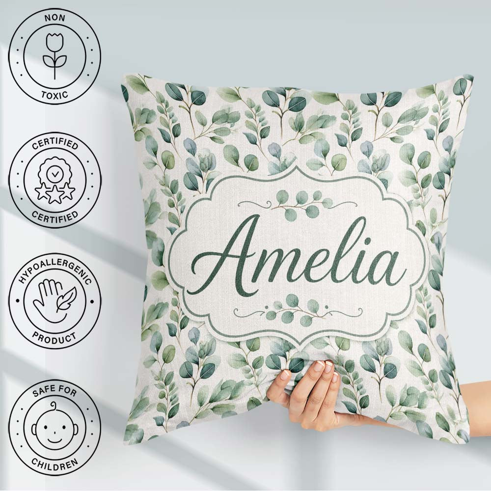 Custom Name Soft Eucalyptus Leaves Watercolor Botanical Seamless Square Filled Cushion Throw Pillow Sofa Bed Home Decor Zip Washable UK Made