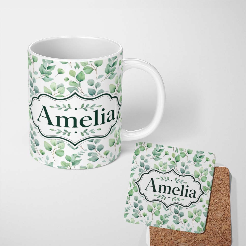 Personalized Custom Name Light Sage Green Eucalyptus Leaf Botanical Seamless Pattern Name 11oz Ceramic Coffee Tea Mug White Large Handle