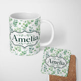 Personalized Custom Name Light Sage Green Eucalyptus Leaf Botanical Seamless Pattern Name 11oz Ceramic Coffee Tea Mug White Large Handle