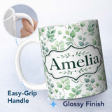 Personalized Custom Name Light Sage Green Eucalyptus Leaf Botanical Seamless Pattern Name 11oz Ceramic Coffee Tea Mug White Large Handle
