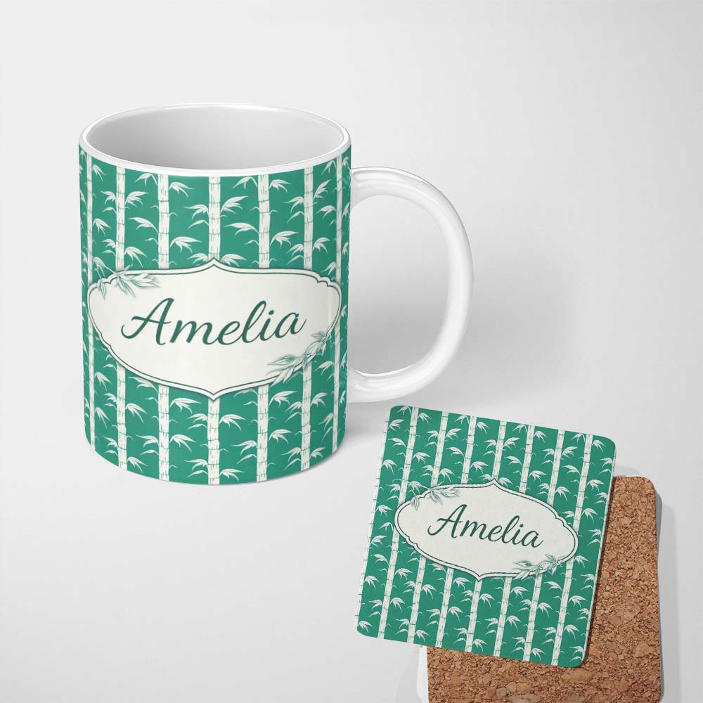 Personalized Custom Name Minimal Bamboo Stems Green Background Seamless Pattern Lovely 11oz Ceramic Coffee Tea Mug White Large Handle