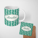 Personalized Custom Name Minimal Bamboo Stems Green Background Seamless Pattern Lovely 11oz Ceramic Coffee Tea Mug White Large Handle