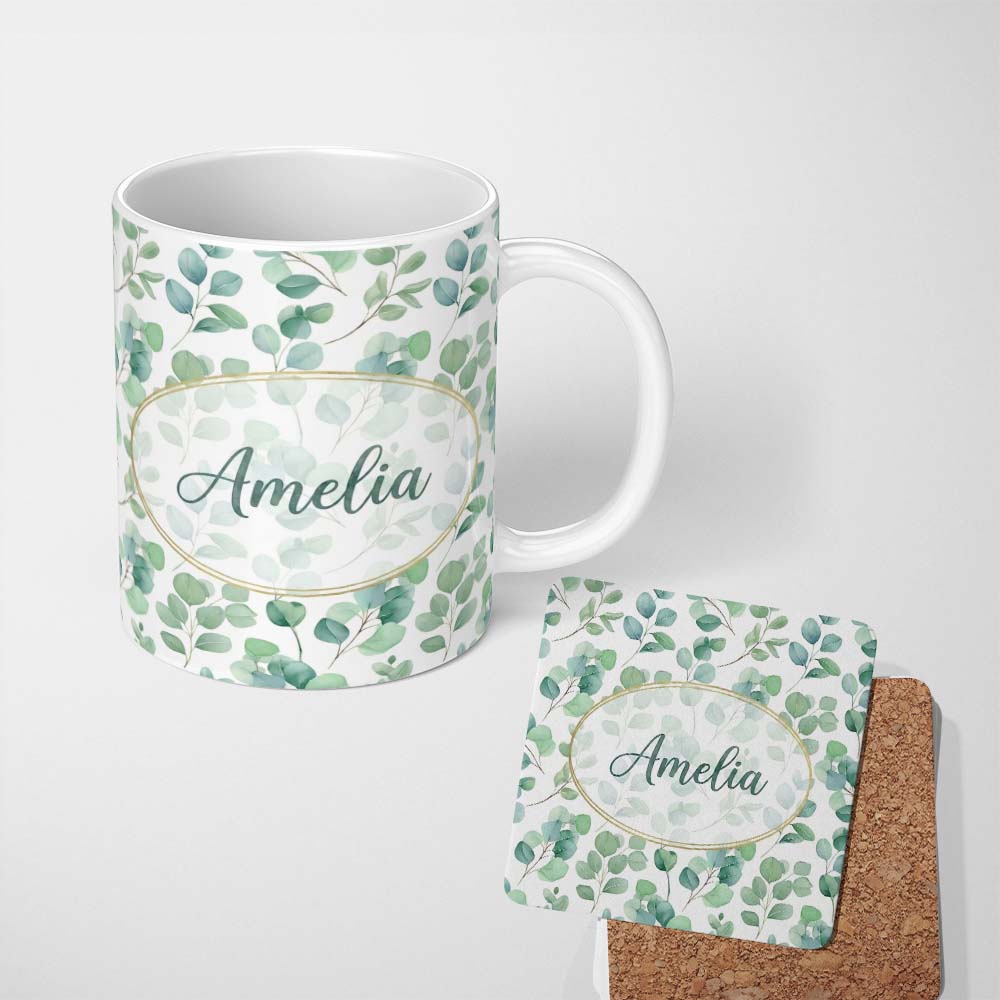 Personalized Custom Name Muted Green Eucalyptus Branches Minimal Seamless Pattern Name Cute 11oz Ceramic Coffee Tea Mug White Large Handle