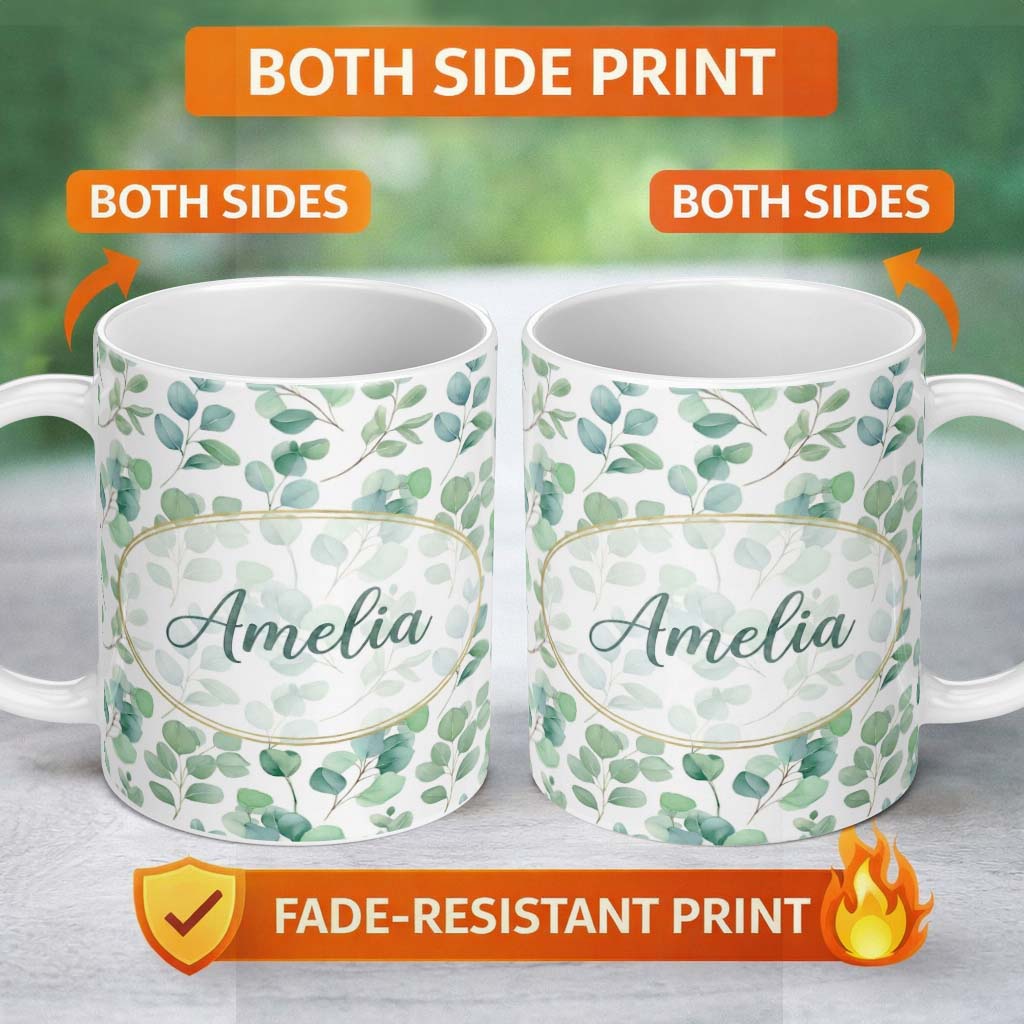 Personalized Custom Name Muted Green Eucalyptus Branches Minimal Seamless Pattern Name Cute 11oz Ceramic Coffee Tea Mug White Large Handle