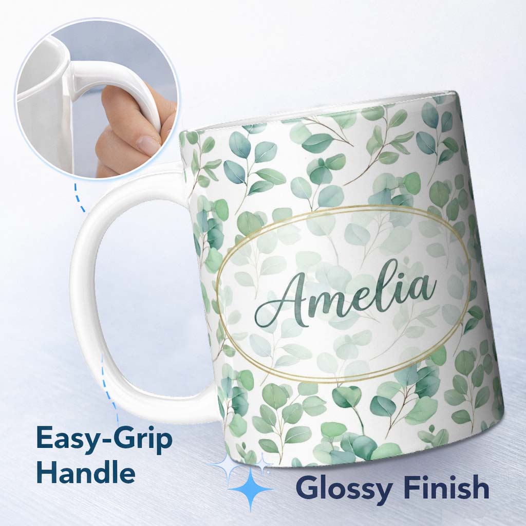 Personalized Custom Name Muted Green Eucalyptus Branches Minimal Seamless Pattern Name Cute 11oz Ceramic Coffee Tea Mug White Large Handle