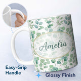 Personalized Custom Name Muted Green Eucalyptus Branches Minimal Seamless Pattern Name Cute 11oz Ceramic Coffee Tea Mug White Large Handle
