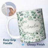 Personalized Custom Name Fresh Green Eucalyptus Foliage Soft Botanical Seamless Pattern Name 11oz Ceramic Coffee Tea Mug White Large Handle