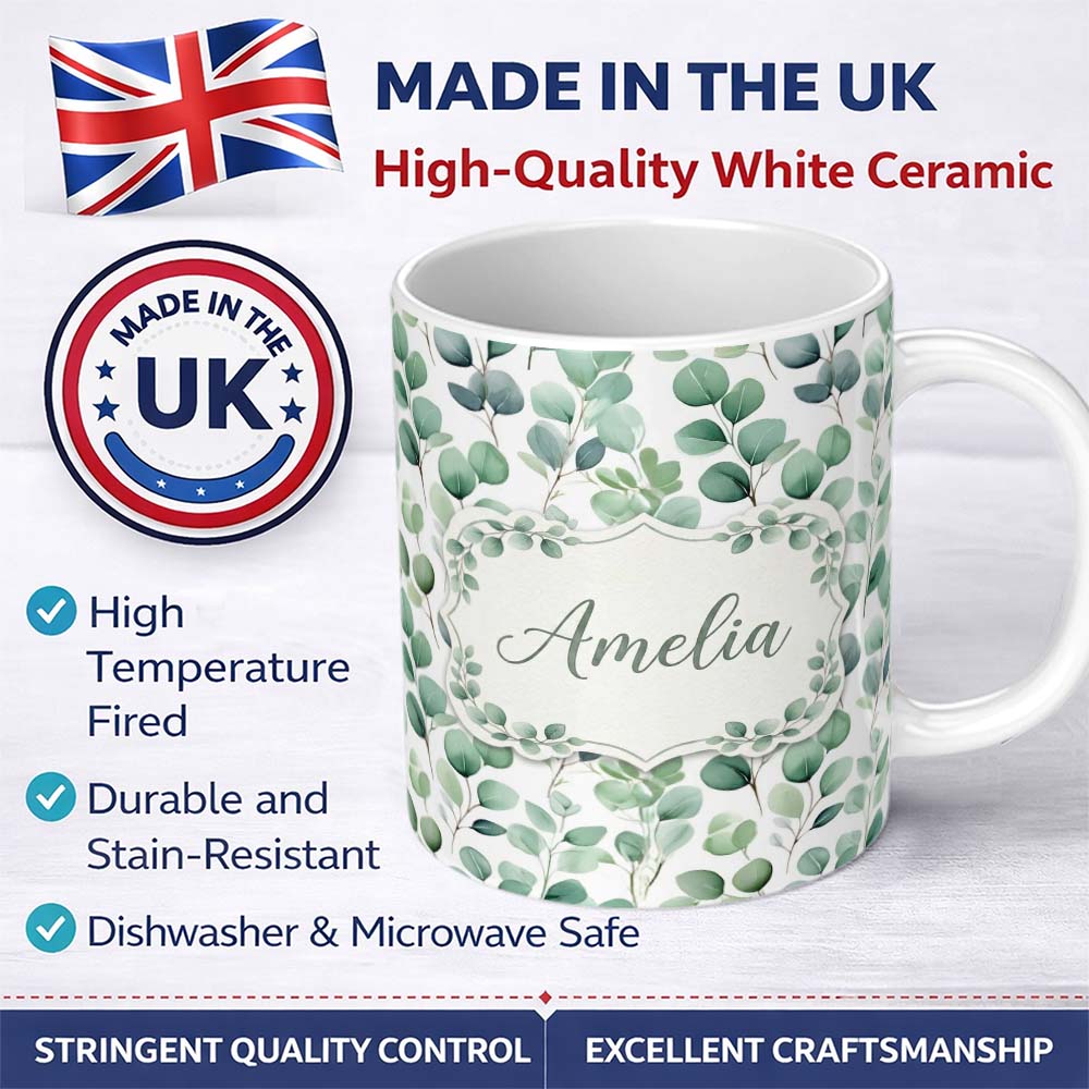 Personalized Custom Name Fresh Green Eucalyptus Foliage Soft Botanical Seamless Pattern Name 11oz Ceramic Coffee Tea Mug White Large Handle