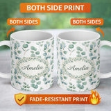 Personalized Custom Name Delicate Green Eucalyptus Leaves Natural Seamless Pattern Custom 11oz Ceramic Coffee Tea Mug White Large Handle
