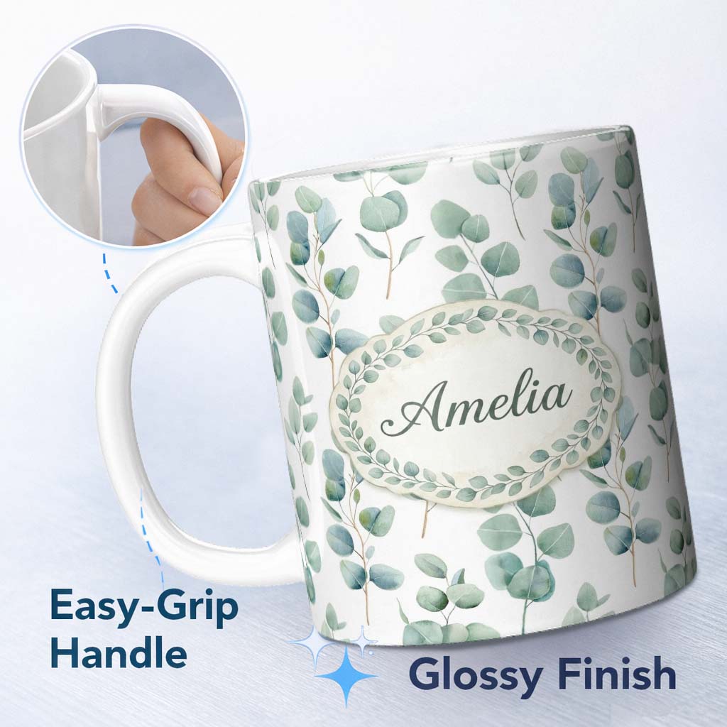 Personalized Custom Name Delicate Green Eucalyptus Leaves Natural Seamless Pattern Custom 11oz Ceramic Coffee Tea Mug White Large Handle