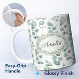 Personalized Custom Name Delicate Green Eucalyptus Leaves Natural Seamless Pattern Custom 11oz Ceramic Coffee Tea Mug White Large Handle