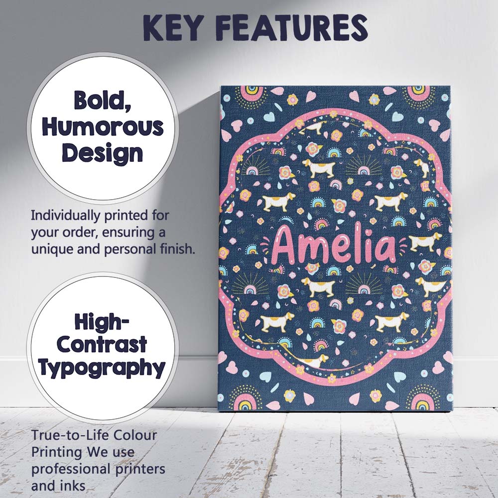 Personalised Name Boho Dog Floral Rainbow Navy Background Seamless Custom  Unique Canvas Wall Art Print Decor Picture Ready to Hang