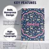 Personalised Name Boho Dog Floral Rainbow Navy Background Seamless Custom  Unique Canvas Wall Art Print Decor Picture Ready to Hang