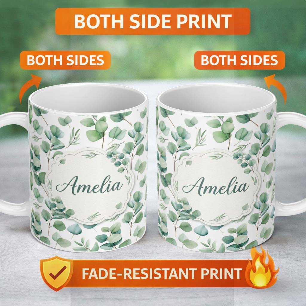 Personalized Custom Name Soft Pastel Eucalyptus Leaf Sprigs Botanical Seamless Pattern Name 11oz Ceramic Coffee Tea Mug White Large Handle