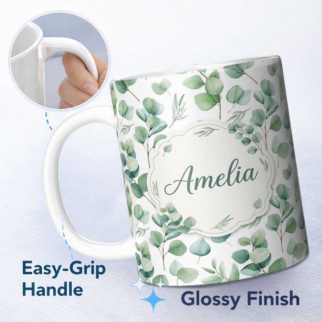 Personalized Custom Name Soft Pastel Eucalyptus Leaf Sprigs Botanical Seamless Pattern Name 11oz Ceramic Coffee Tea Mug White Large Handle