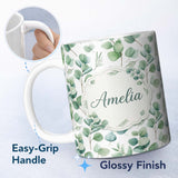 Personalized Custom Name Soft Pastel Eucalyptus Leaf Sprigs Botanical Seamless Pattern Name 11oz Ceramic Coffee Tea Mug White Large Handle