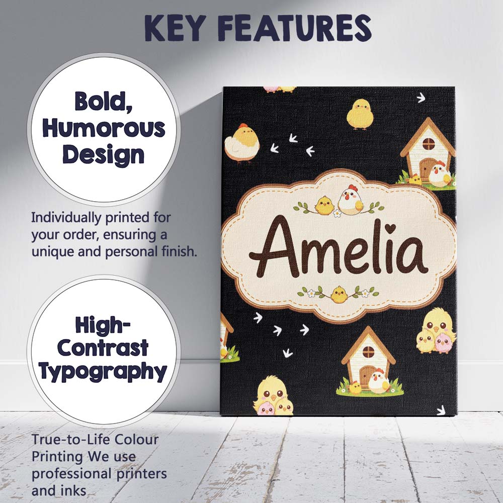 Personalised Name Cute Cartoon Chickens Custom  Modern Room Accent Elegant Feature Canvas Wall Art Print Decor Picture Ready to Hang