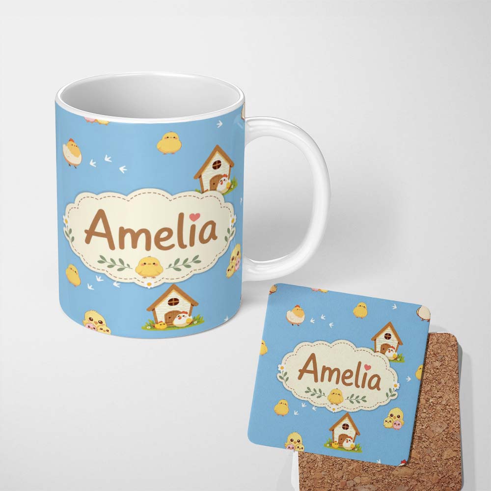 Personalized Custom Name Cute Baby Chickens Blue Background Seamless Pattern Name Unique Gift 11oz Ceramic Coffee Tea Mug White Large Handle