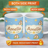 Personalized Custom Name Cute Baby Chickens Blue Background Seamless Pattern Name Unique Gift 11oz Ceramic Coffee Tea Mug White Large Handle