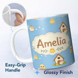 Personalized Custom Name Cute Baby Chickens Blue Background Seamless Pattern Name Unique Gift 11oz Ceramic Coffee Tea Mug White Large Handle